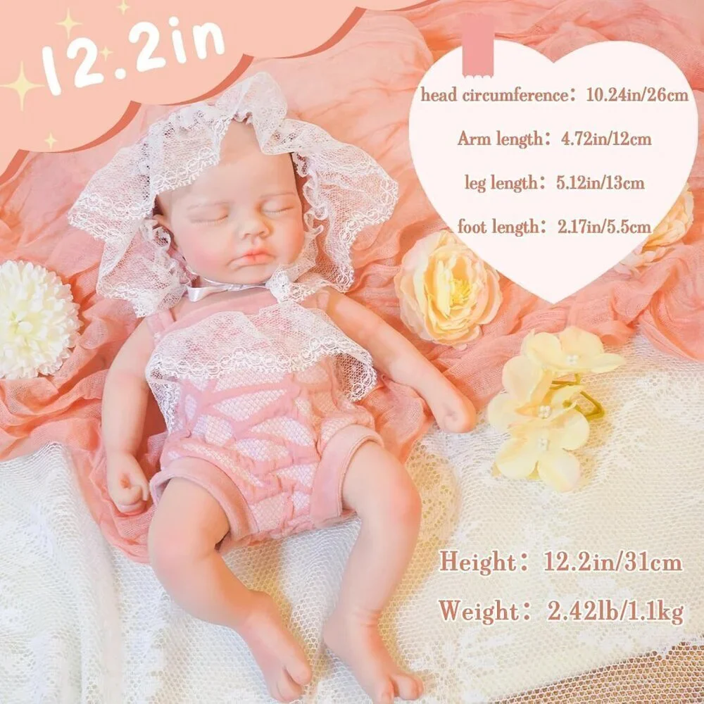 12.21 in Full Silicone Reborn Ivory Baby Girl Dolls Lifelike 2.42LB Weight Baby